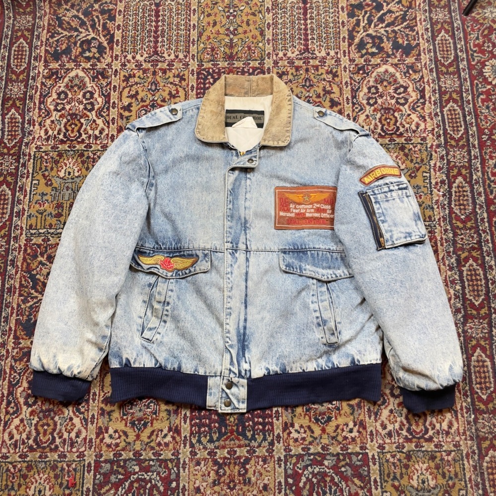 VTG 70s 80s Dual Control Acid Wash Denim Bomber Jacket L Flight Patches Airborne